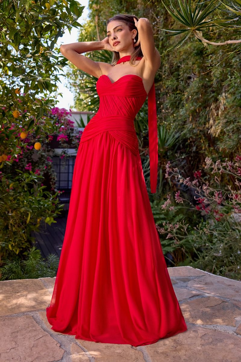 vestido de corte A corpiño plisado y su suave escote corazón cinturilla fruncida , falda de gasa y espalda ajustable con cordones