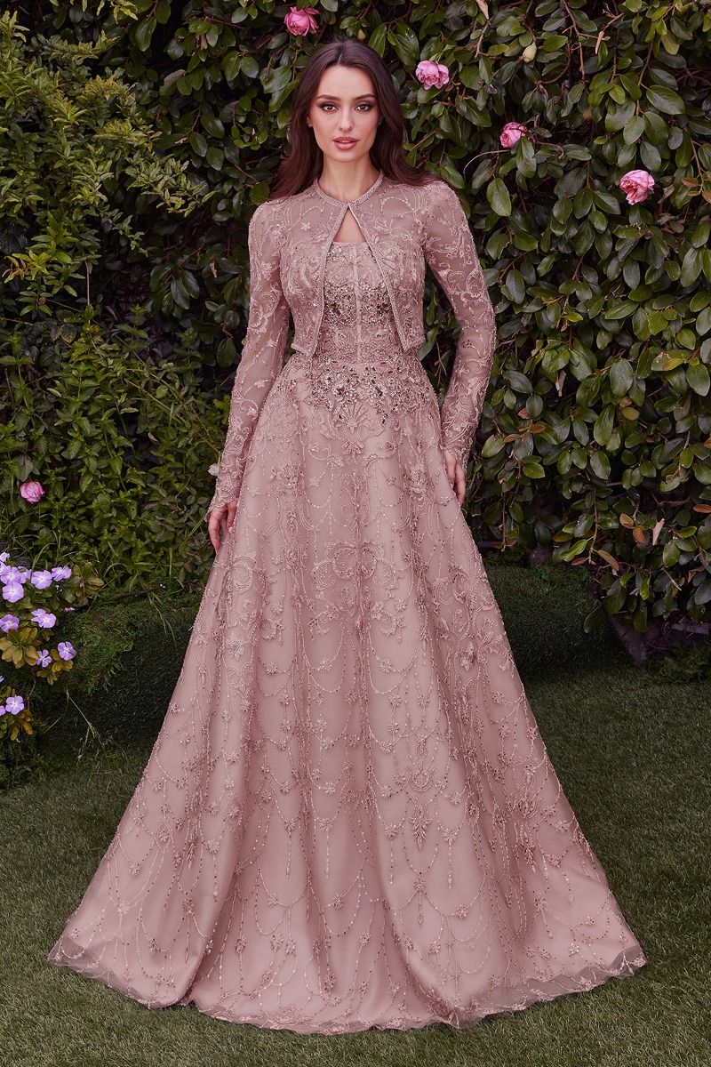 Vestido de fiesta de corte A sin tirantes, perfecto para la mujer madura elegante, corpiño estructurado adornado con chaqueta transparente removible a juego con mangas largas
