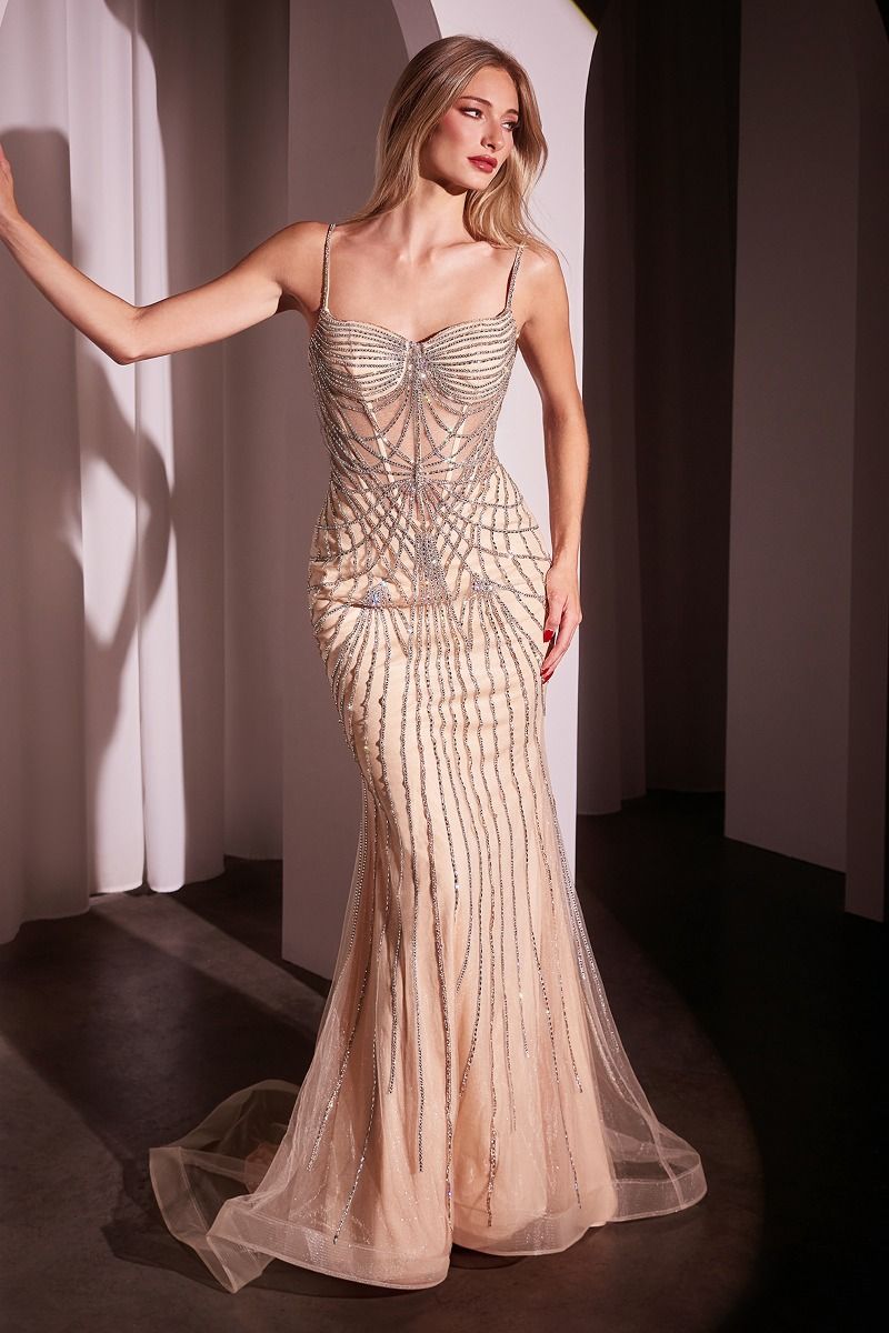 Vestido entallado con un estilo favorecedor y elegante presenta un impresionante escote corazón y delicados tirantes finos, complementados con un corpiño transparente adornado con un motivo lineal de cuentas