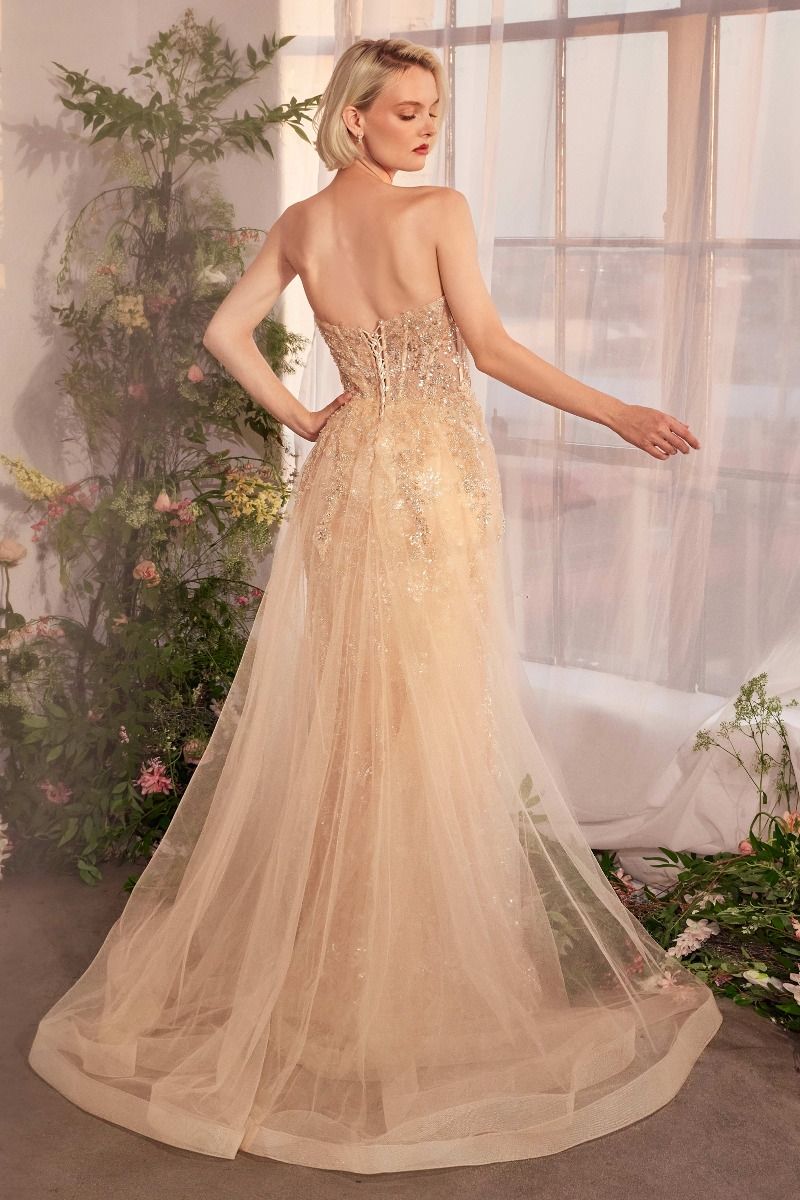 Cautivador vestido ajustado con una espectacular sobrefalda de tul en capas y un corpiño transparente adornado con un motivo floral brillante