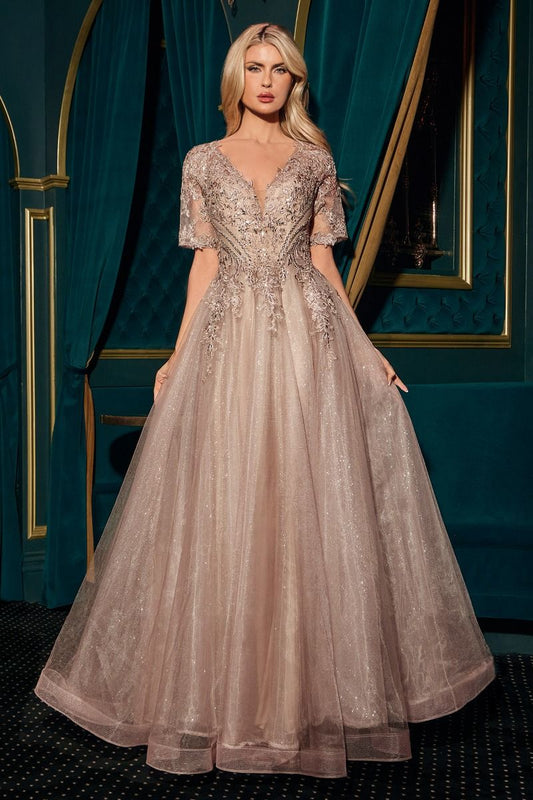 Diseñado con una elegancia delicada, este vestido de corte A presenta un profundo escote en V, delicadas medias mangas y un corpiño con apliques de encaje bellamente detallados