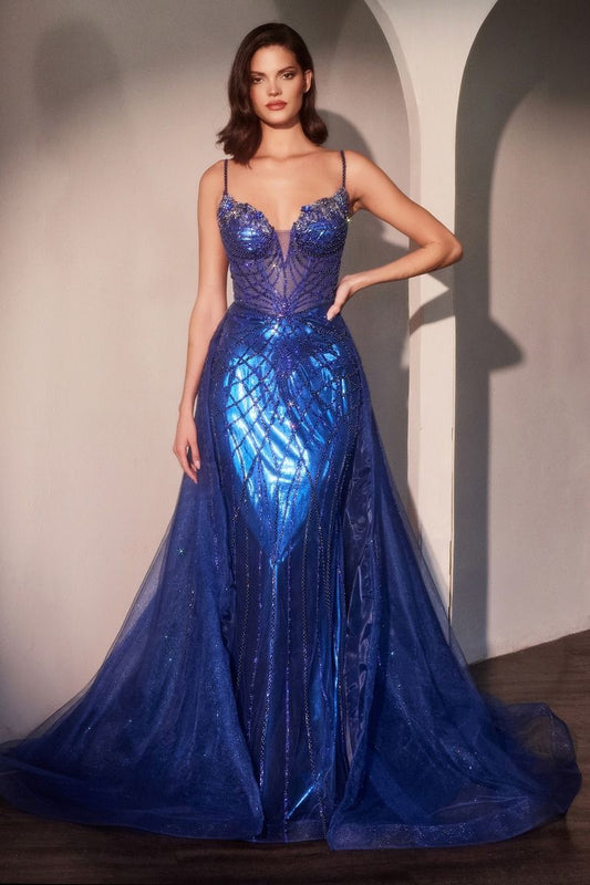 Magnifico y llamativo vestido ajustado presenta un favorecedor escote en forma de corazón y tirantes finos, con un corpiño transparente adornado con un impresionante motivo lineal de cuentas y sobrefalda de tul extraíble