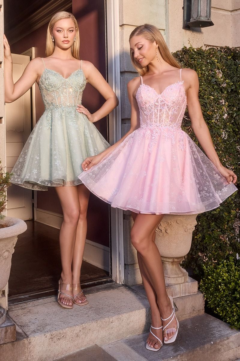 Vestido corto de corte en A presenta un cuerpo bordado con motivos florales, corsé con transparencias y delicados tirantes finos