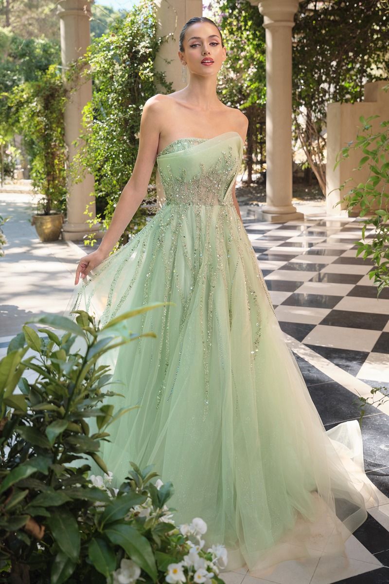 Elegante vestido con corpiño transparente sin tirantes está adornado con lentejuelas verticales y delicados apliques florales de plumas