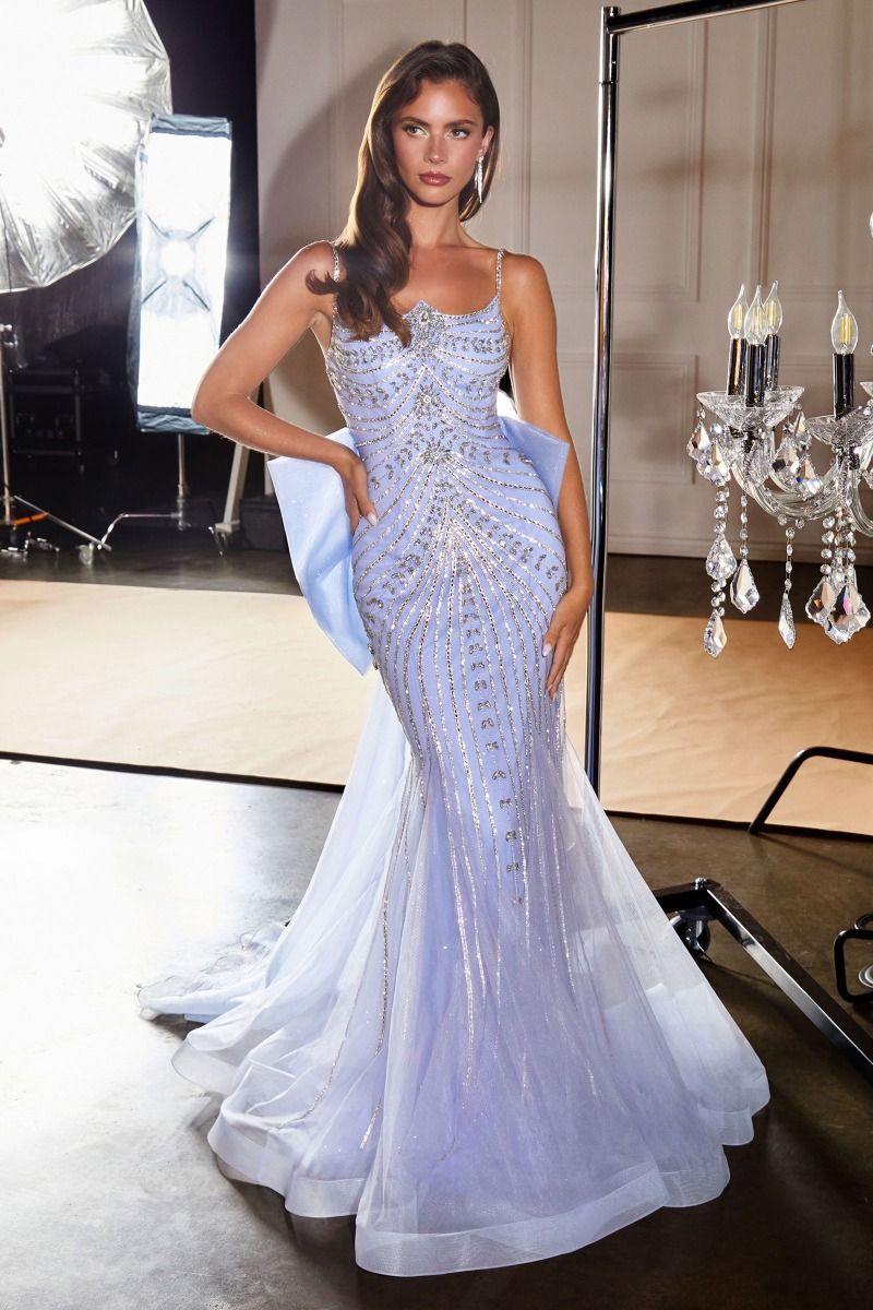 glamuroso vestido presenta una elegante silueta ajustada adornada con radiantes bordados dispuestos en líneas esculturales y fluidas y una espectacular cola con un lazo extragrande
