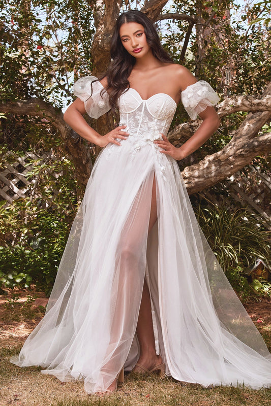 Fantástico vestido de novia adornado de apliques florales, recubierto de tul de lujo luminiscente , corpiño estructurado sin tirantes y mangas abullonadas