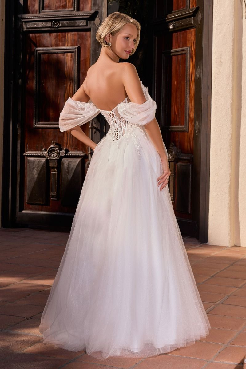 vestido de novia corte princesa presenta un escote corazón con los hombros al descubierto, adornado con delicados apliques florales en relieve y brillantes detalles de pedrería, mangas de tul drapeado y transparente