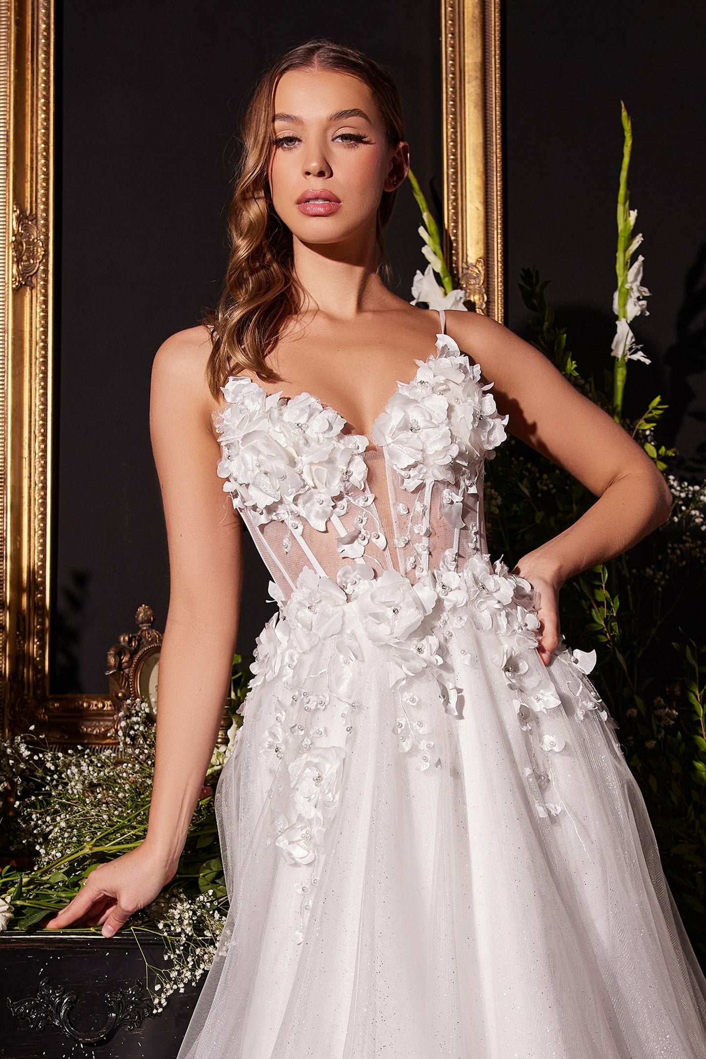 Vestido de novia floral de ensueño presenta una falda amplia confeccionada con tul suave y un corpiño transparente adornado con aplicaciones florales dimensionales