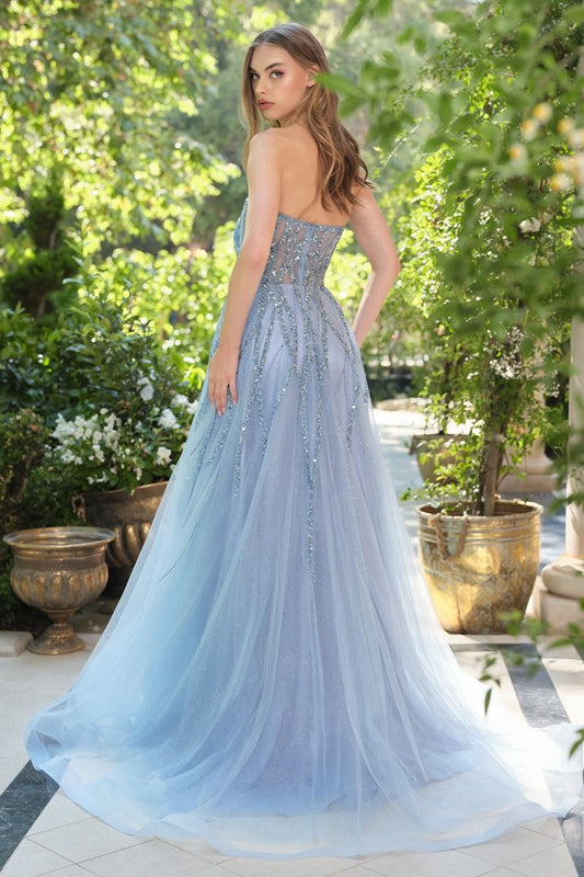 Elegante vestido con corpiño transparente sin tirantes está adornado con lentejuelas verticales y delicados apliques florales de plumas