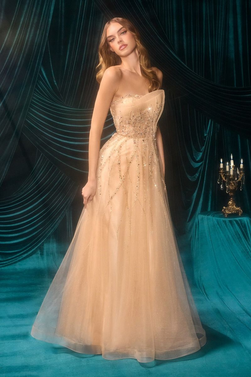 Elegante vestido con corpiño transparente sin tirantes está adornado con lentejuelas verticales y delicados apliques florales de plumas