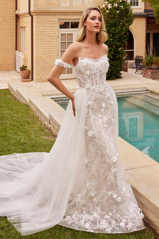 Vestido de novia ajustado y con vuelo es un sueño corset transparente con escote sin tirante apliques florales dimensionales y una sobre falda dramática