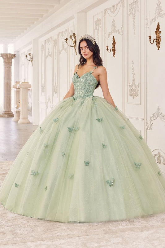 Memorable vestido de quinceañera de tul en capas con delicados apliques de mariposas que adornan las correas