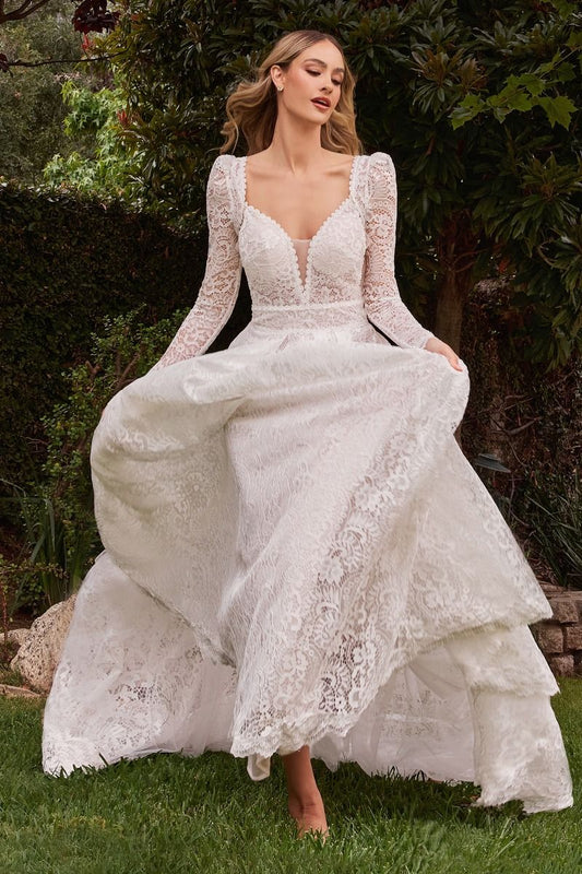 Impresionante vestido de novia de corte A confeccionado con lujoso encaje de guipur, mangas removibles, escote en V y un dobladillo de encaje festoneado