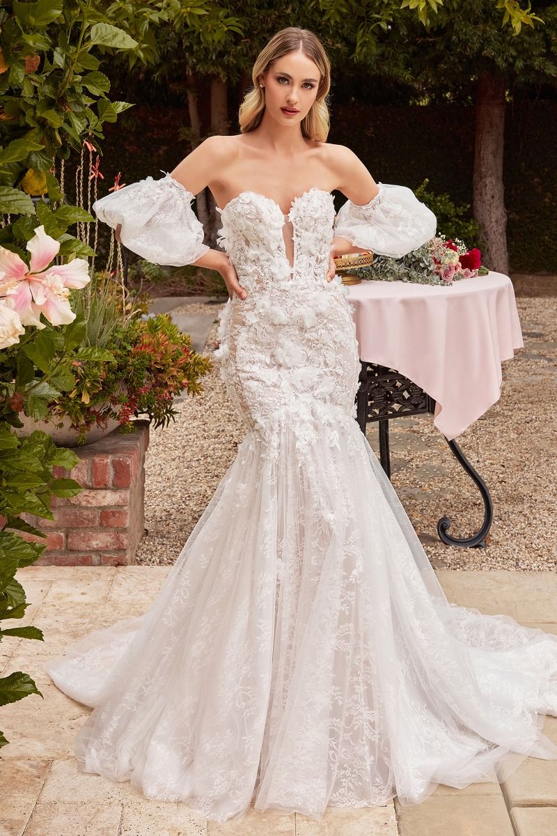 Vestido de novia estilo sirena de encaje entallado presenta un escote profundo con una magnífica falda de tul en capas que complementa su base de encaje Chantilly y mangas abullonadas extraibles