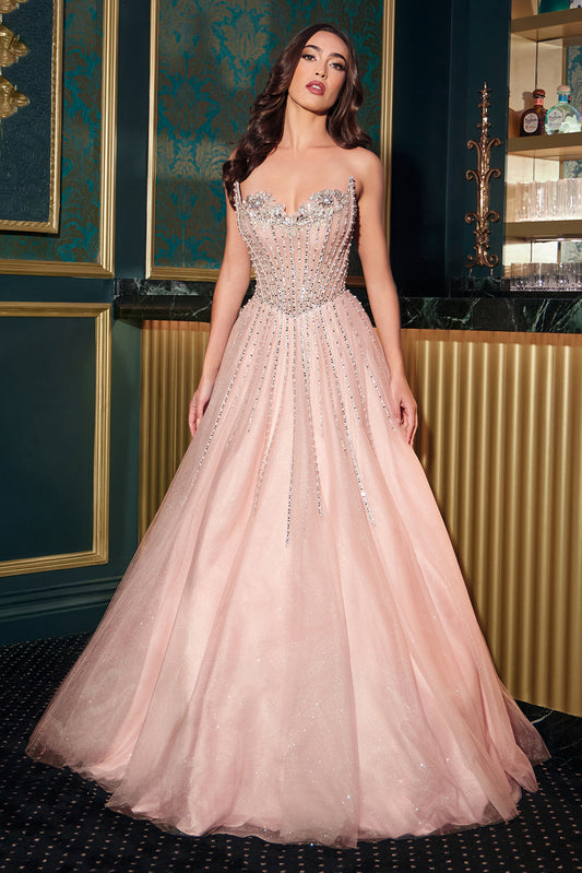 Deslumbrante vestido de fiesta sin tirantes, con un escote adornado con cuentas y llamativos adornos lineales de cristal, falda de tul en capas con purpurina flocada