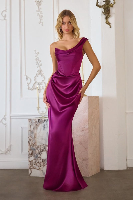 Vestido satén elástico de un solo hombro con escote asimétrico drapeado y corte sirena