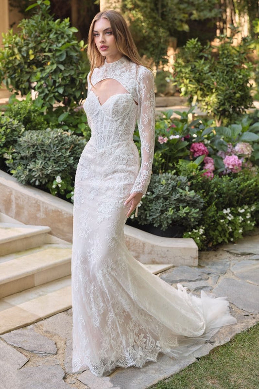 vestido de novia de corte sirena presenta una delicada superposición de encaje con lentejuelas que cae elegantemente y un bolero de encaje desmontable ofrece un elegante escote alto y mangas largas
