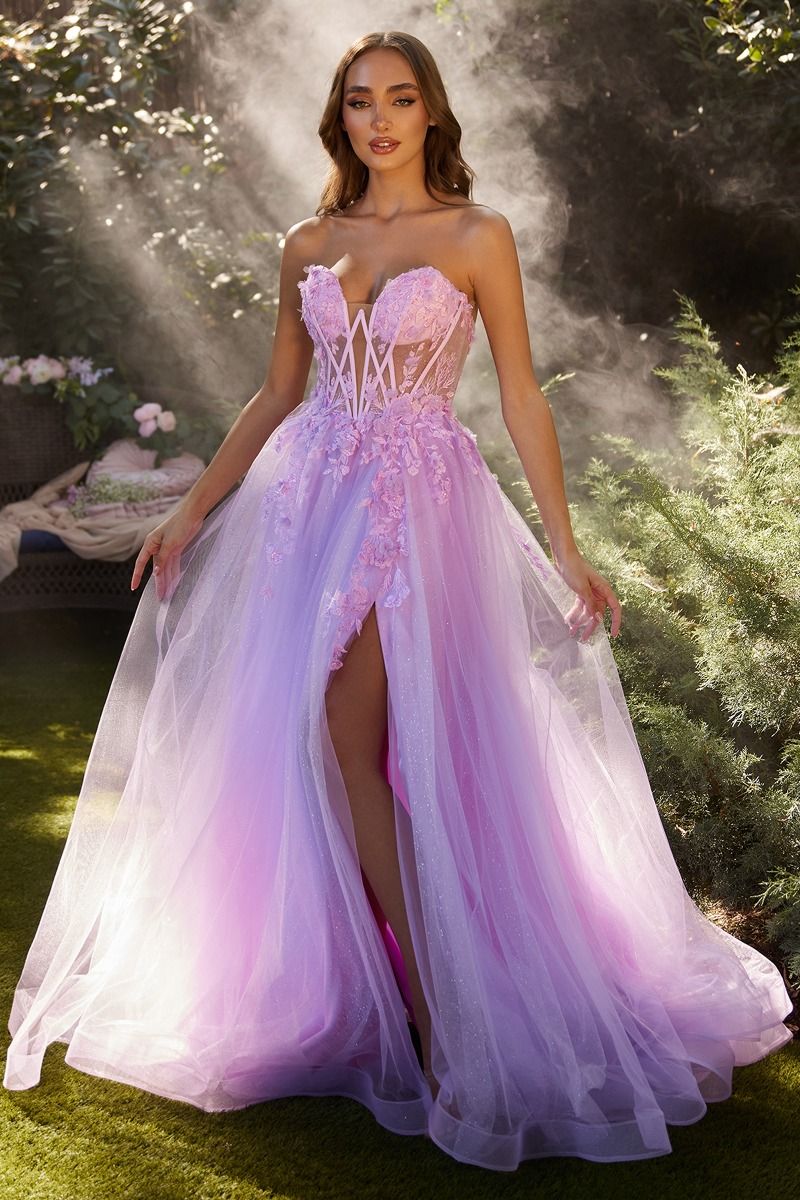 Celestial vestido con corpiño transparente , adornado con apliques de encaje y tirantes fuera del hombro adornados con brillantes cortinas de diamantes