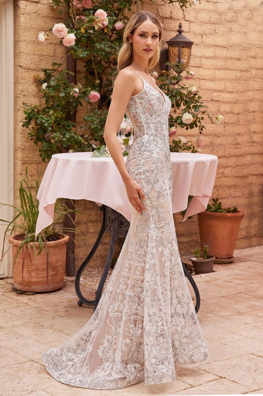 Impresionante vestido de novia ajustado y con vuelo ,corpiño transparente ,tirantes delicadamente finos y un estampado de purpurina sobre un hermoso forro color nude