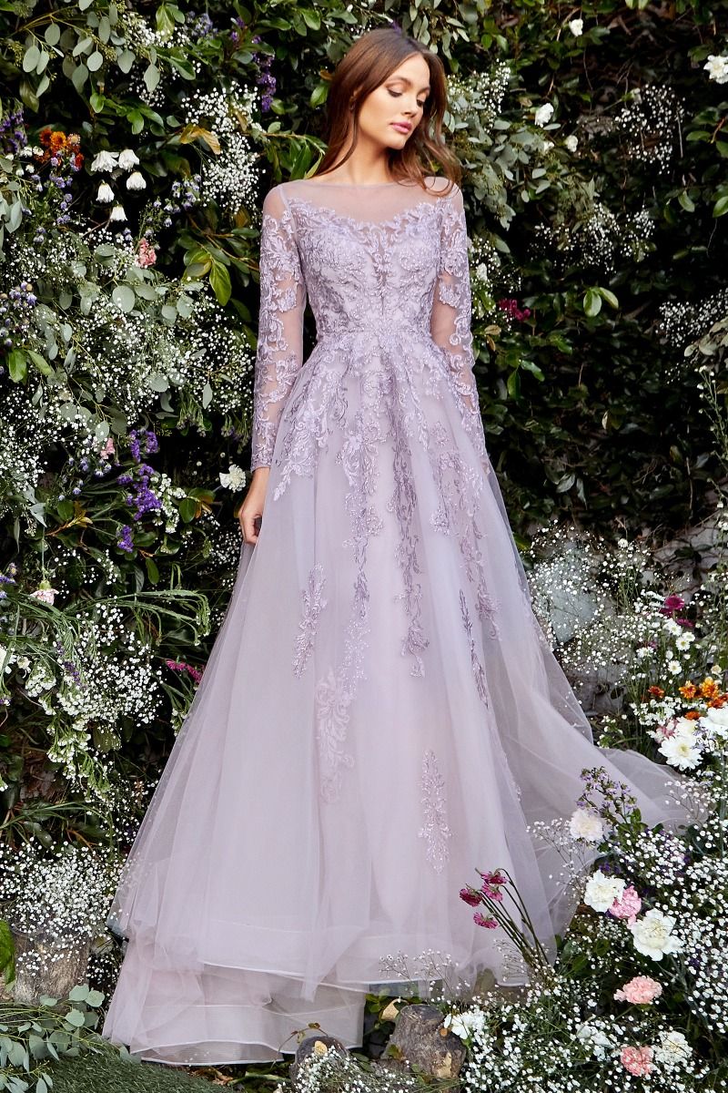 Elegante vestido “ Diana ” lujoso bordado violeta brilla con cristales incrustados , corpiño, embellece las mangas largas