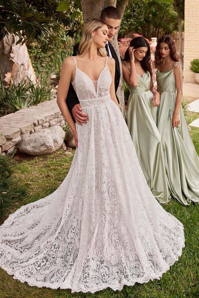 Impresionante vestido de novia de corte A confeccionado con lujoso encaje de guipur, mangas removibles, escote en V y un dobladillo de encaje festoneado