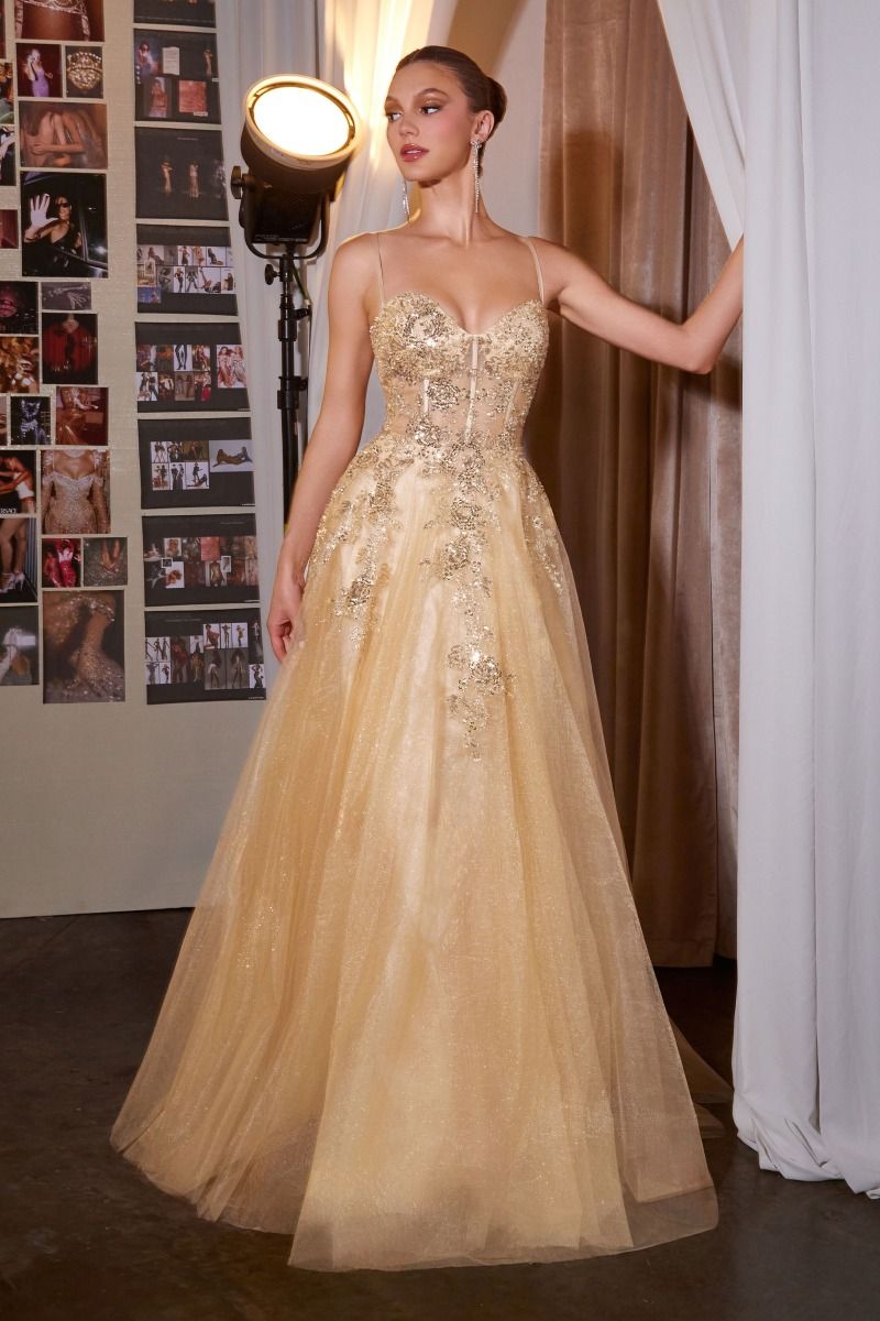 Espectacular vestido con delicados tirantes finos y intrincados apliques de encaje floral, , lentejuelas brillantes y los detalles de pedrería en relieve