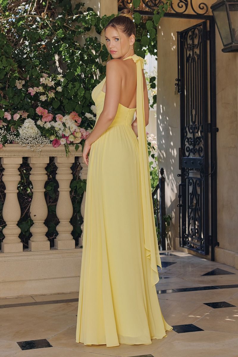 Vestido de gasa, diseñado con un favorecedor escote halter y delicados fruncidos en el corpiño, falda amplia en línea A y lazo en la espalda