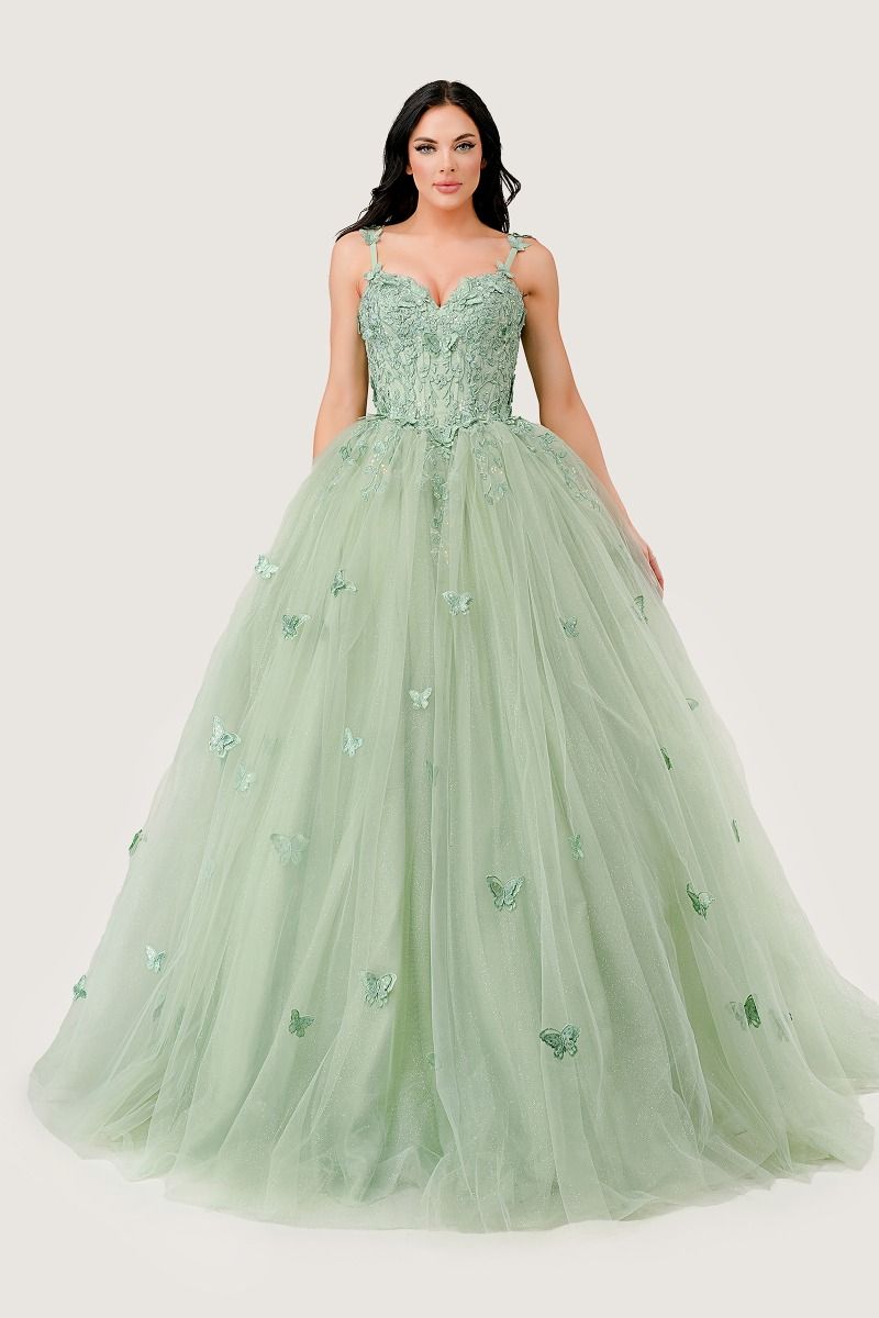 Memorable vestido de quinceañera de tul en capas con delicados apliques de mariposas que adornan las correas